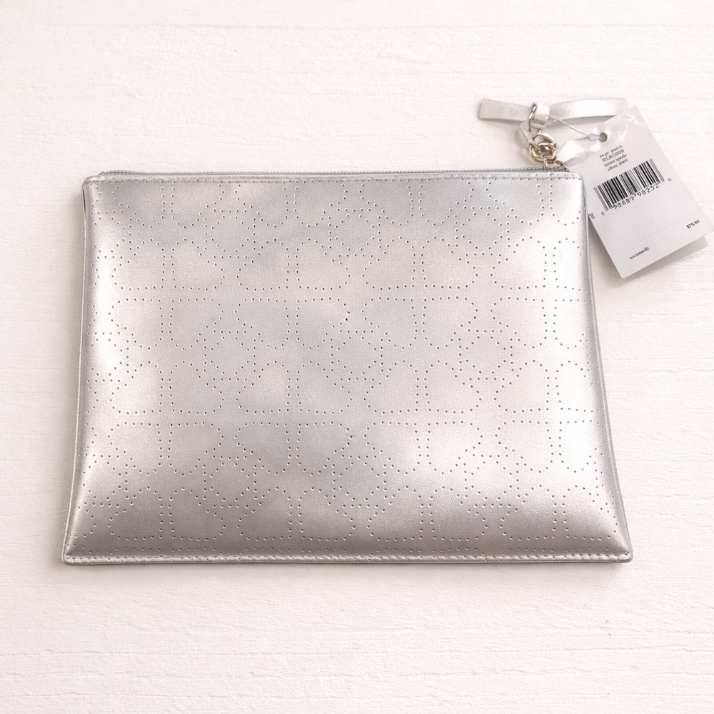 Kate Spade Little Shiloh Metro Silver Perforated Cosmetic Makeup Pouch Clutch - Picture 3 of 13